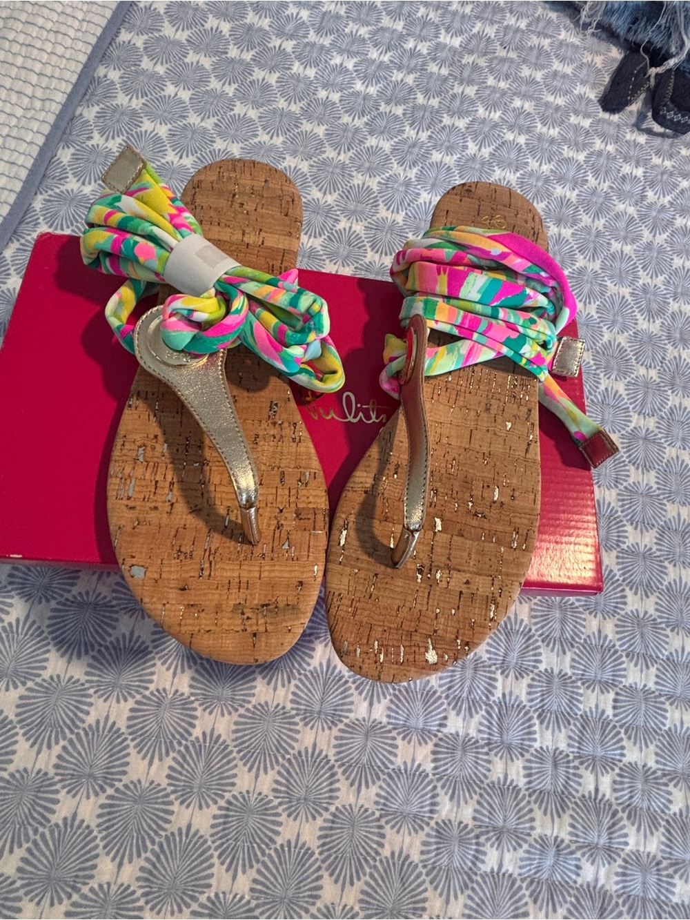 Cork Footbed Wrap Sandals with Gold Thong and Neon Multicolor Straps